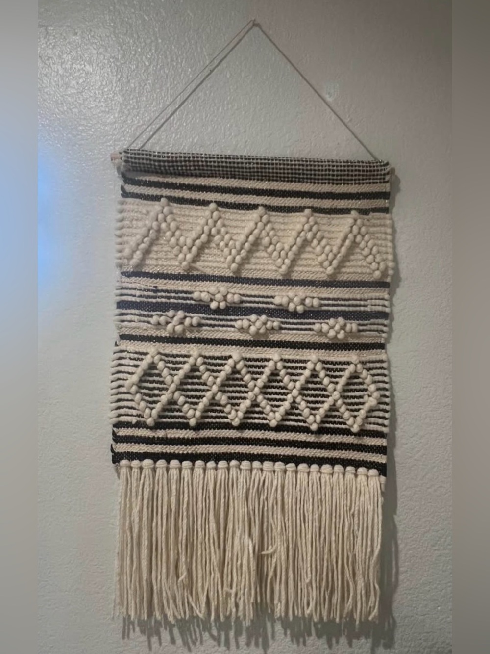 Handcrafted Black and Cream Woven Wall Hanging - Boho Home Wall Decor